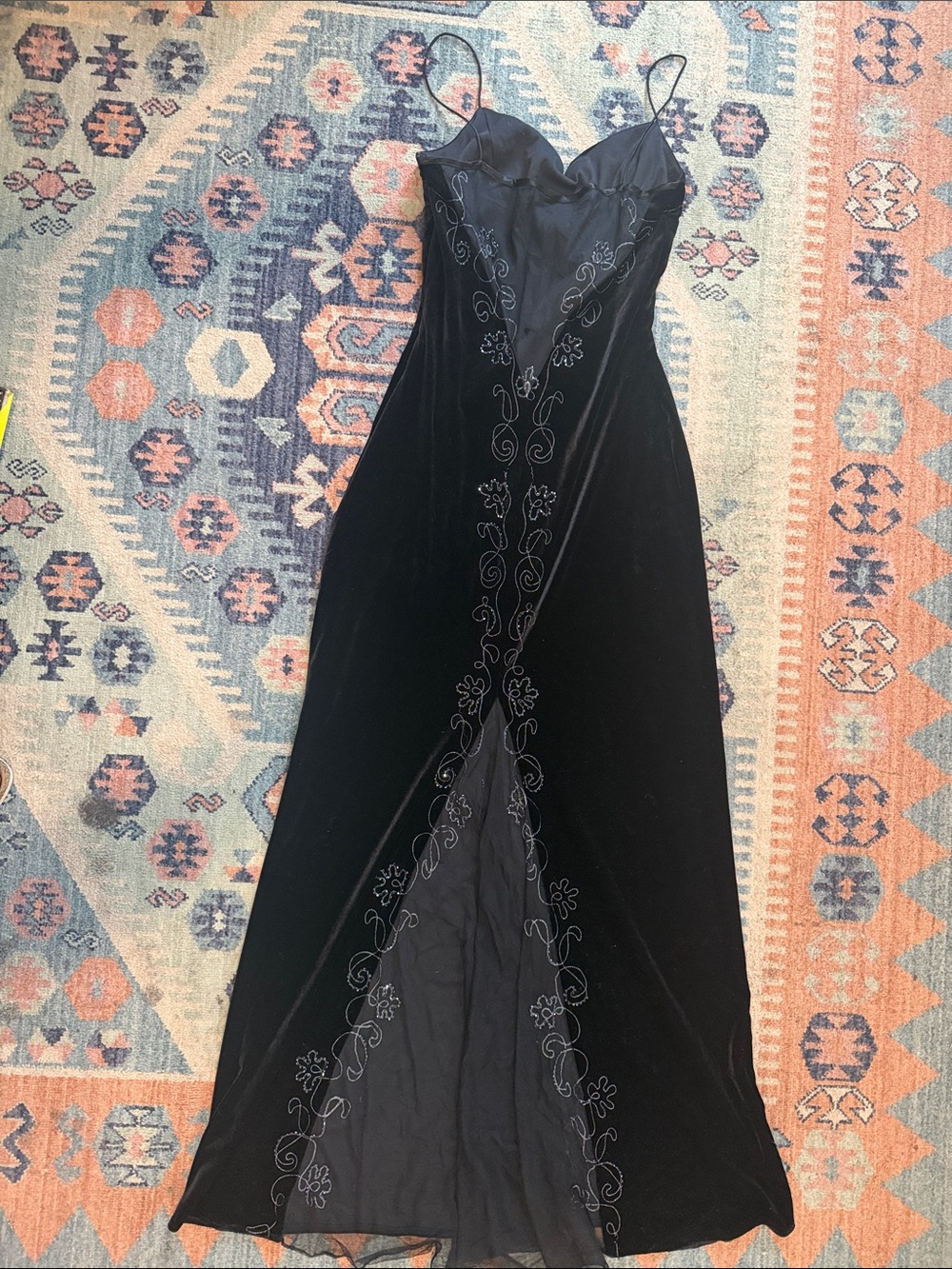 Vtg 90s Dave & Johnny Black Velvet Beaded Illusion Back Maxi Gown Dress 9/10